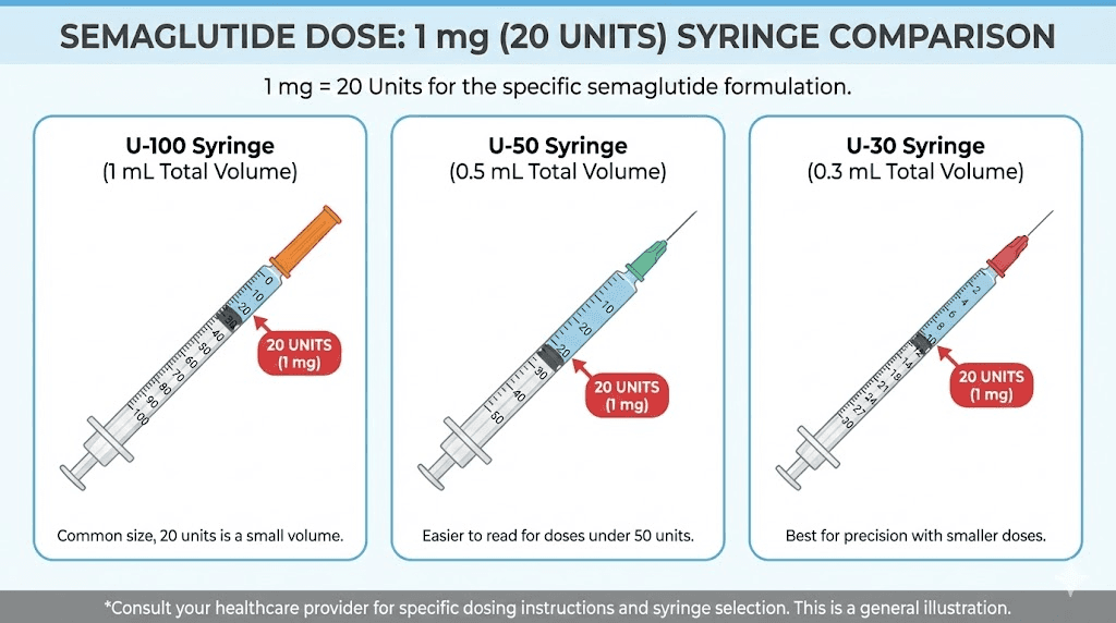 Insulin syringe size comparison for measuring 1 mg semaglutide dose