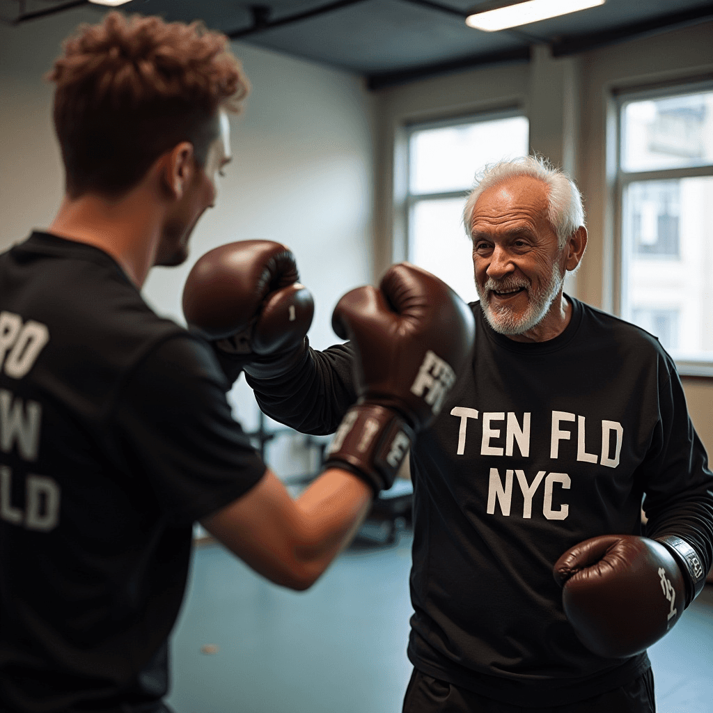 Elderly man with Parkisons with a supportive trainer doing a rock steady boxing session