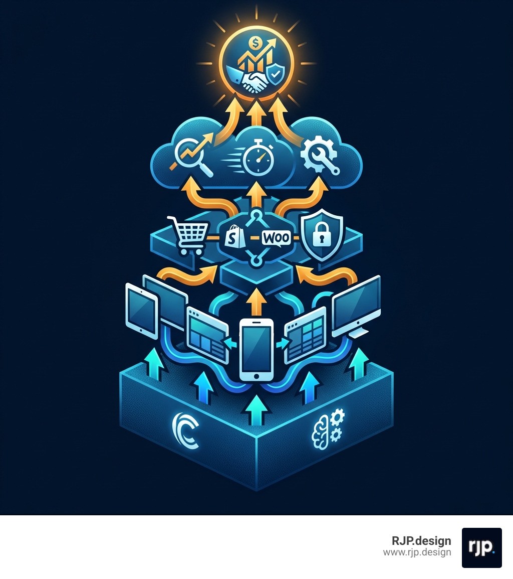 Infographic showing the key elements of successful retail website design: Custom branding and UX design at the foundation, mobile-first responsive development in the middle layer, e-commerce platform integration (Shopify/WooCommerce) with secure payment gateways, SEO optimization and fast load times, ongoing maintenance and support at the top, with arrows showing how these elements work together to drive online sales and customer trust - brisbane retail website designer infographic 