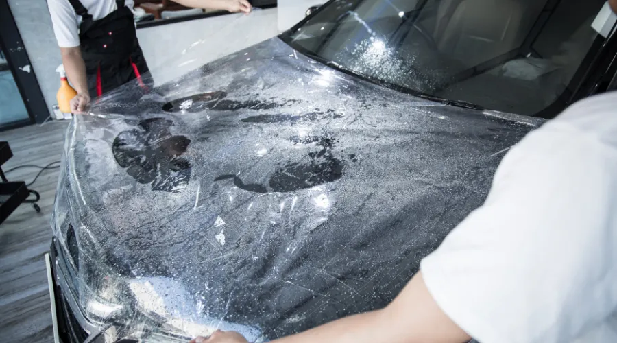 Applying protective film to car hood
