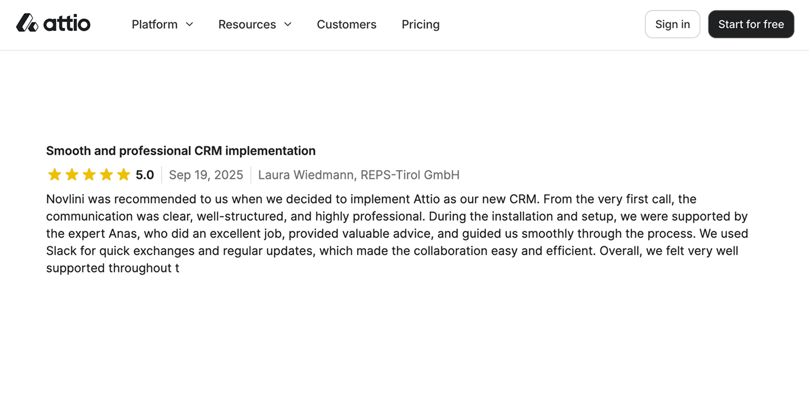 Screenshot of a five-star customer review describing a smooth and professional Attio CRM implementation, written by Laura Wiedmann from REPS-Tirol GmbH.