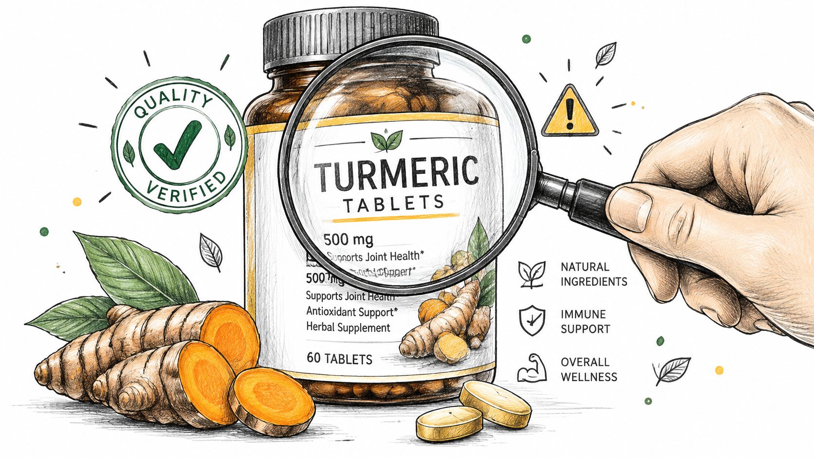 A hand holding a magnifying glass over a bottle of turmeric tablets with fresh turmeric roots nearby.