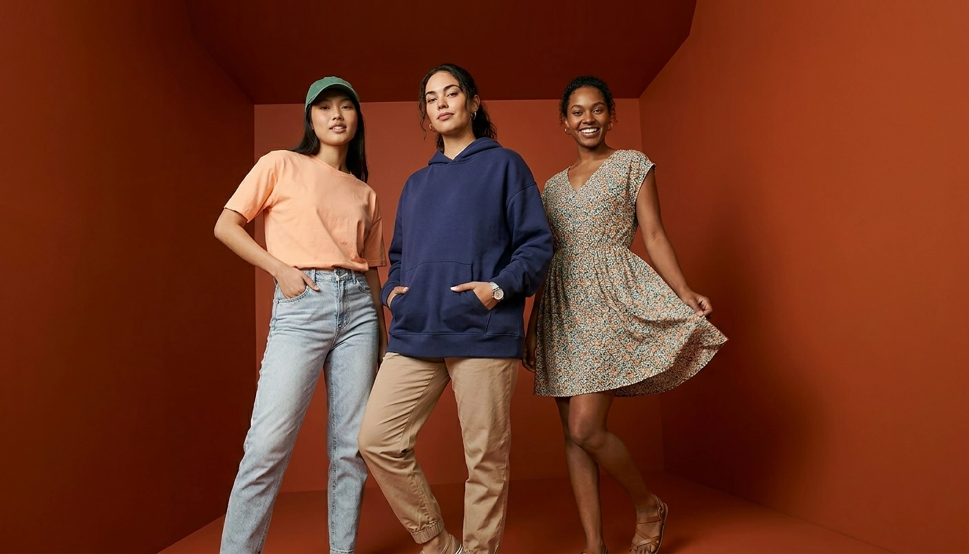Three women showcasing casual and summer fashion outfits: a peach t-shirt with jeans, a navy hoodie with beige joggers, and a floral dress. The image highlights versatile everyday apparel for women in a stylish studio setting.