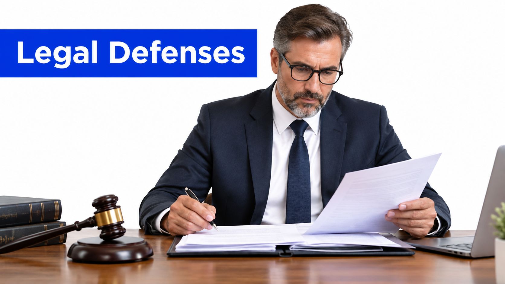 A professional lawyer wearing a suit and glasses reviewing legal documents at his desk with a gavel.