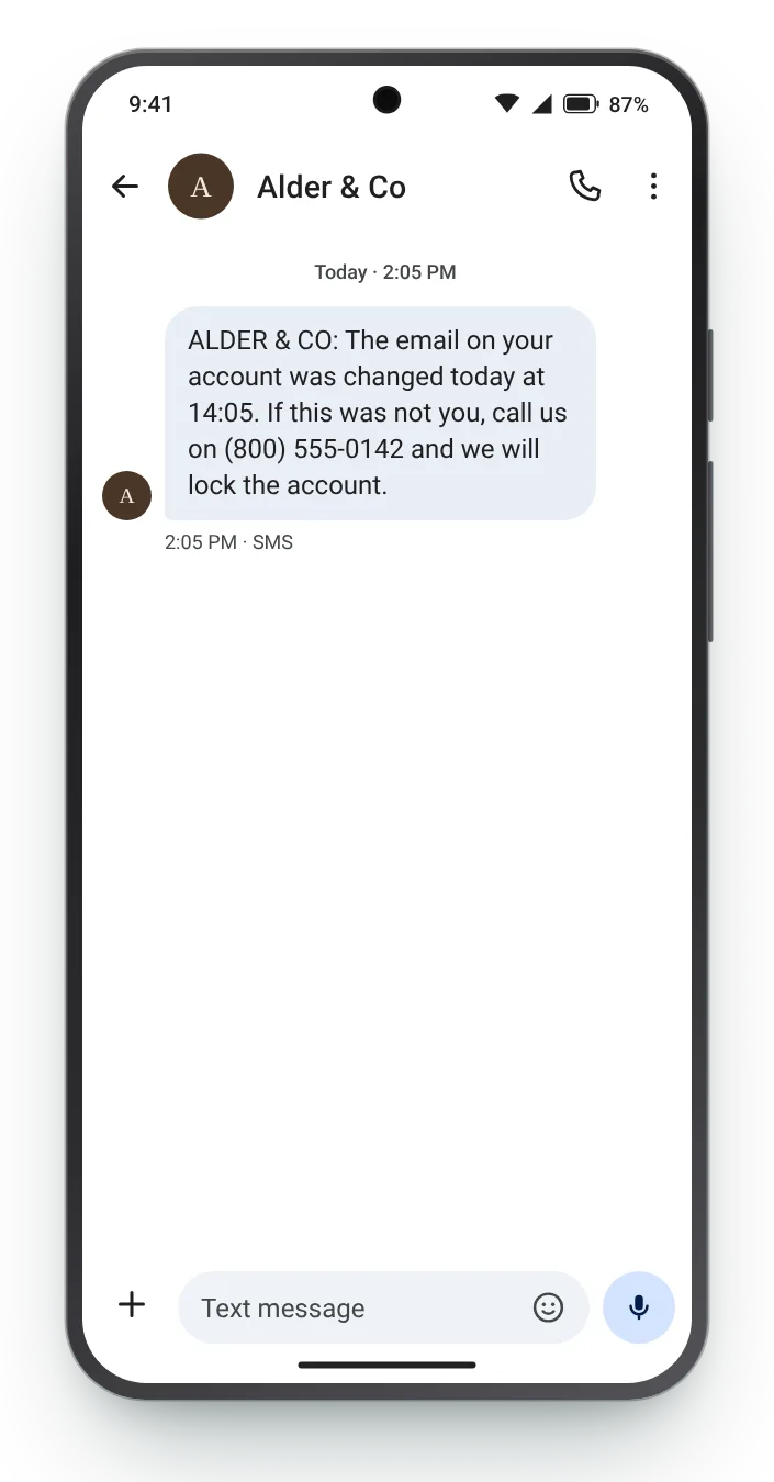 Account email changed transactional SMS on an Android phone