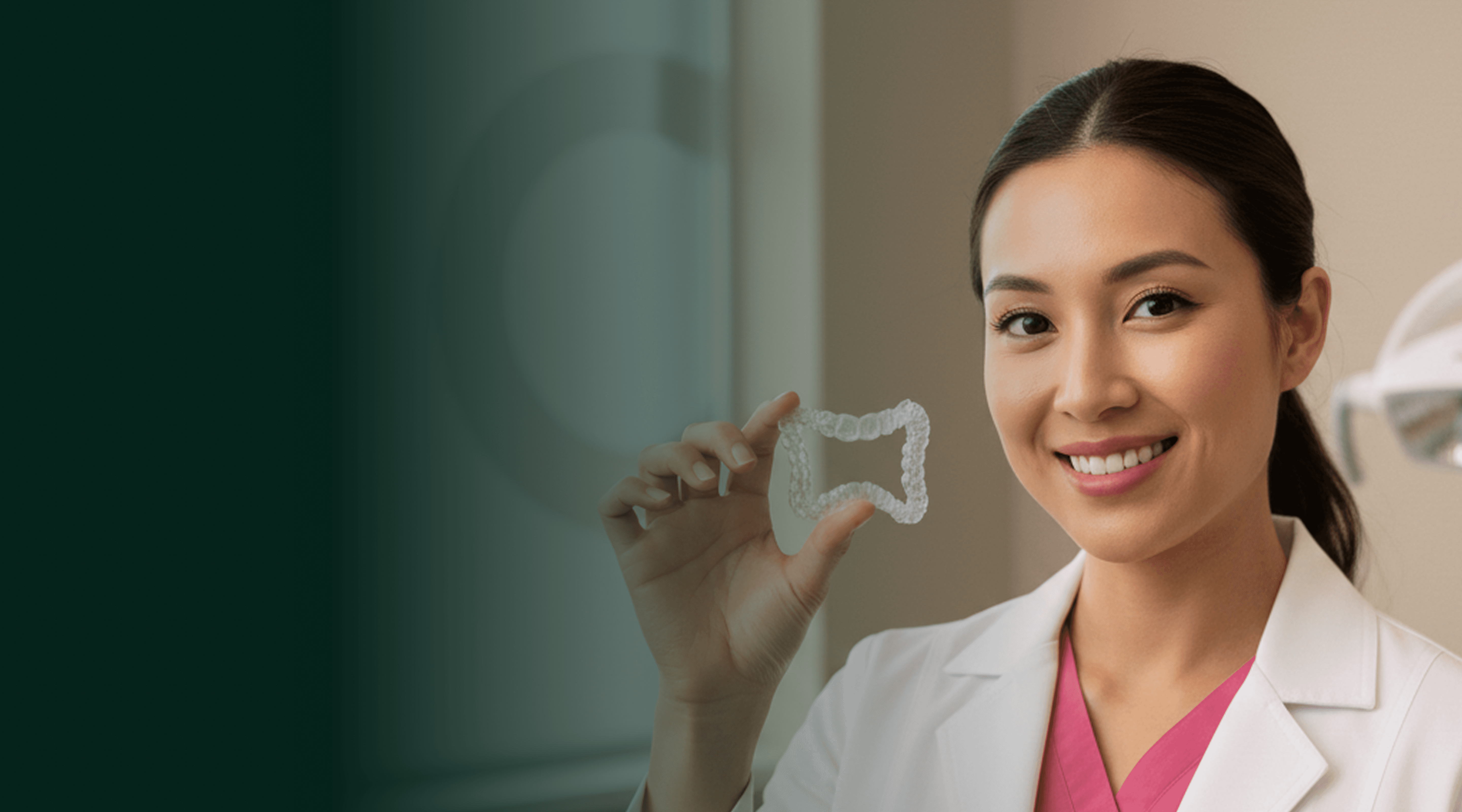 A smiling dentist in a white coat holding a clear dental aligner