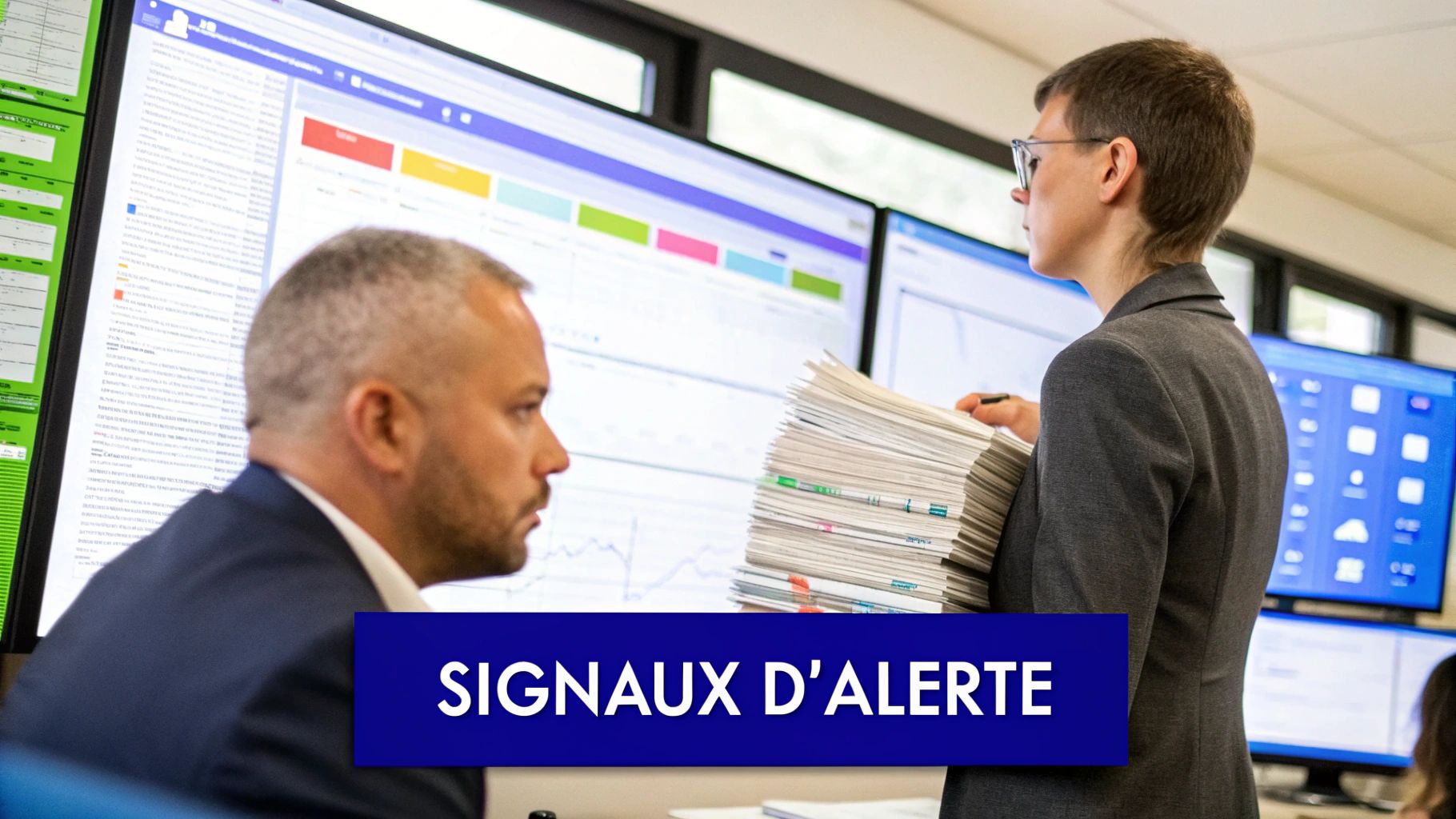 Deux professionnels en bureau devant des écrans d'ordinateur, l'un tenant des documents, avec le texte 'Signaux d'Alerte'.