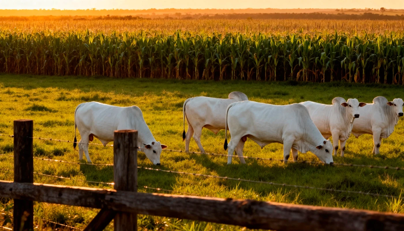 Imagem de vacas no pasto e plantação ao fundo