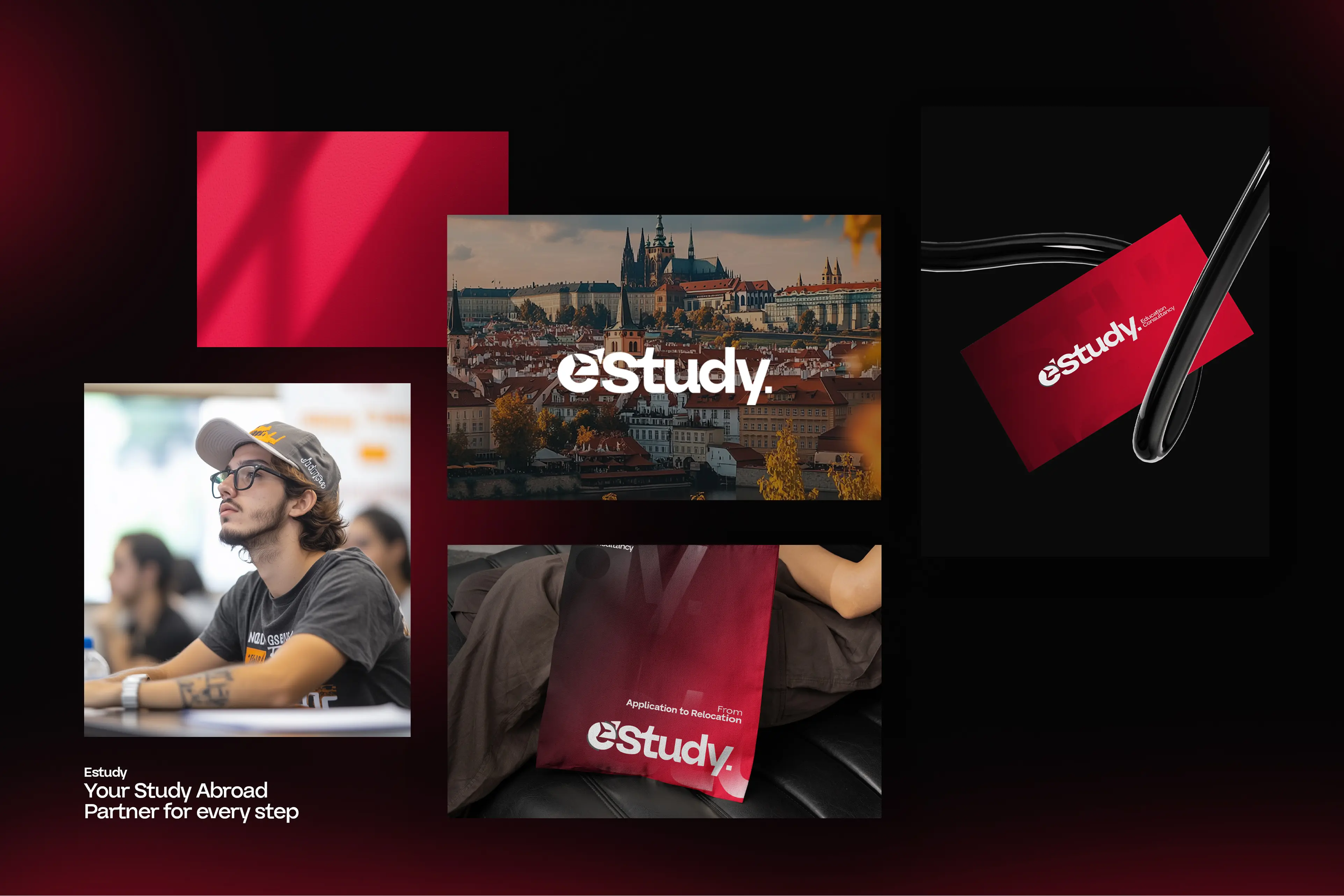 Estudy brand identity collage featuring Prague cityscape, logo variations, business card, and study abroad tagline