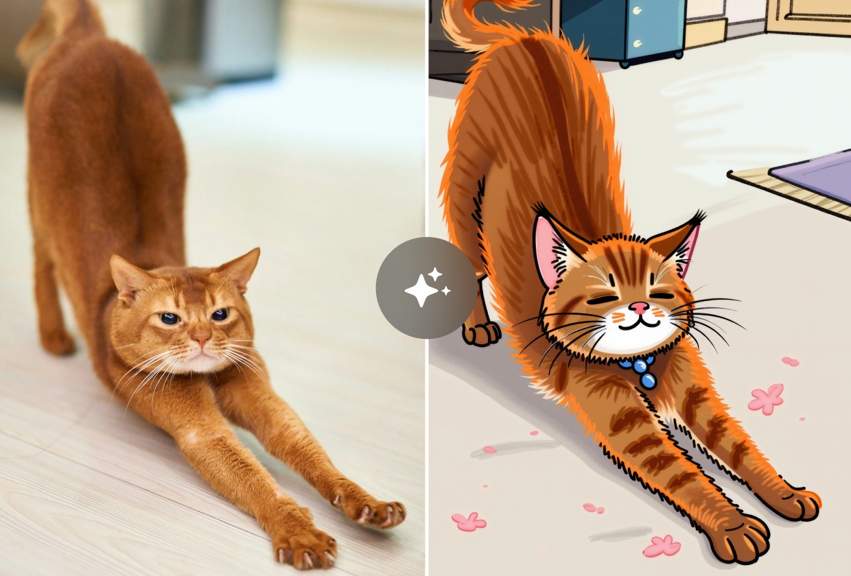 Impressive AI pet cartoon filter showcasing an orange tabby cat's transformation from photo to animated character. The before image captures the cat in a playful stretched position on a light floor, while the after version converts it into a vibrant cartoon with exaggerated fluffy tail, expressive face, blue collar charm, and decorative flower elements. Demonstrates advanced AI pet rendering capabilities for creating personalized digital pet illustrations. #AIPetCartoonFilter #OrangeTabbyTransformation.