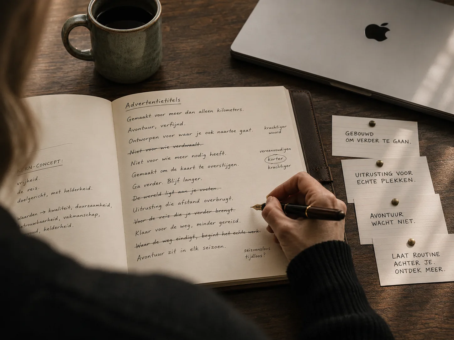Persoon schrijft in notitieboek met motiverende Nederlandse spreuken op kaarten ernaar, laptop en koffie op tafel