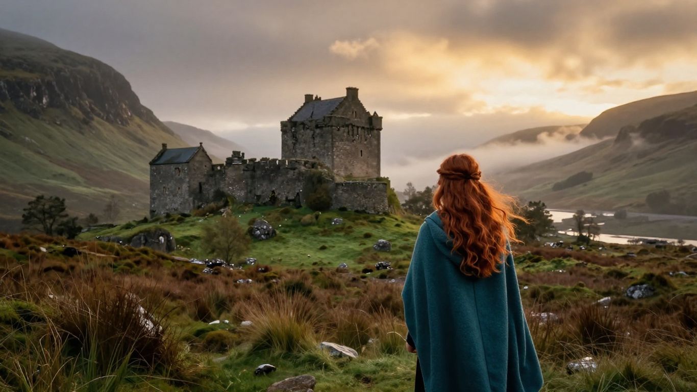 Animated Scottish landscape with red-haired heroine