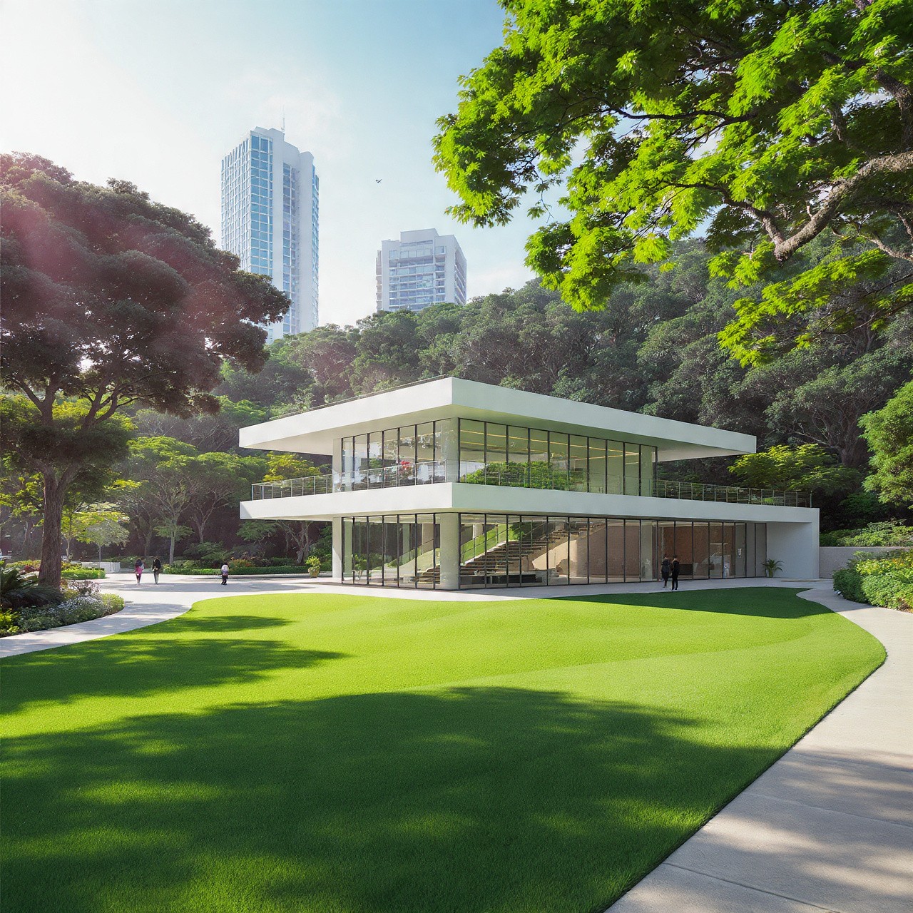 A modern, glass-fronted building with clean lines sits amid lush greenery in a park. Tall skyscrapers rise in the background under a clear sky.