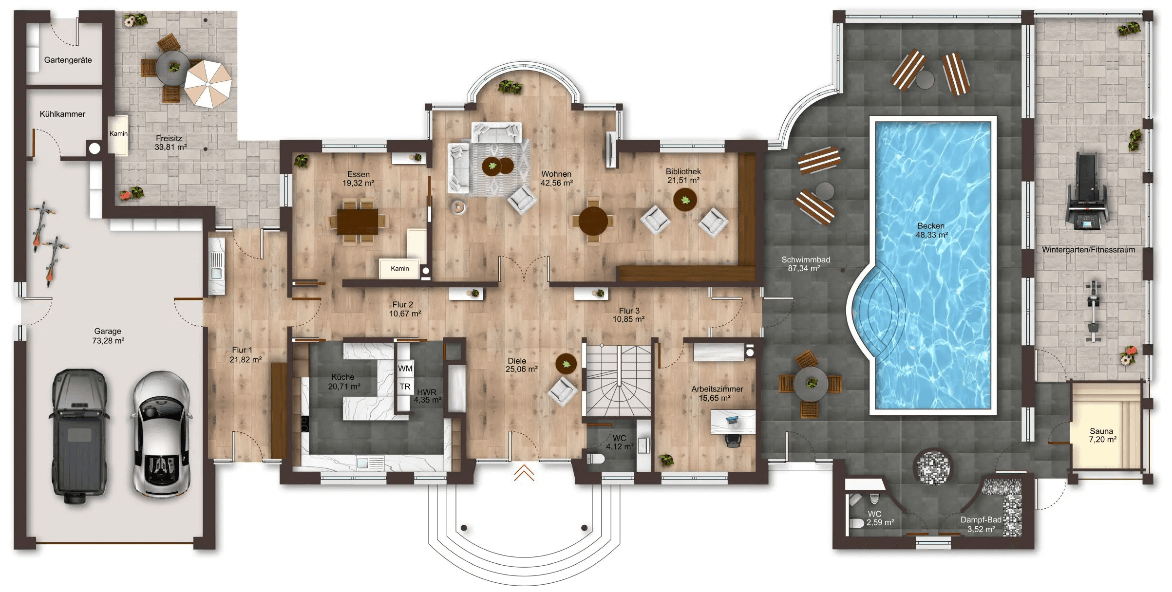 Grundriss Erdgeschoss der Villa Gronau: Wohnen, Essen, Bibliothek, Küche, Arbeitszimmer sowie Indoor-Pool mit Sauna – Westfalen Wohnen