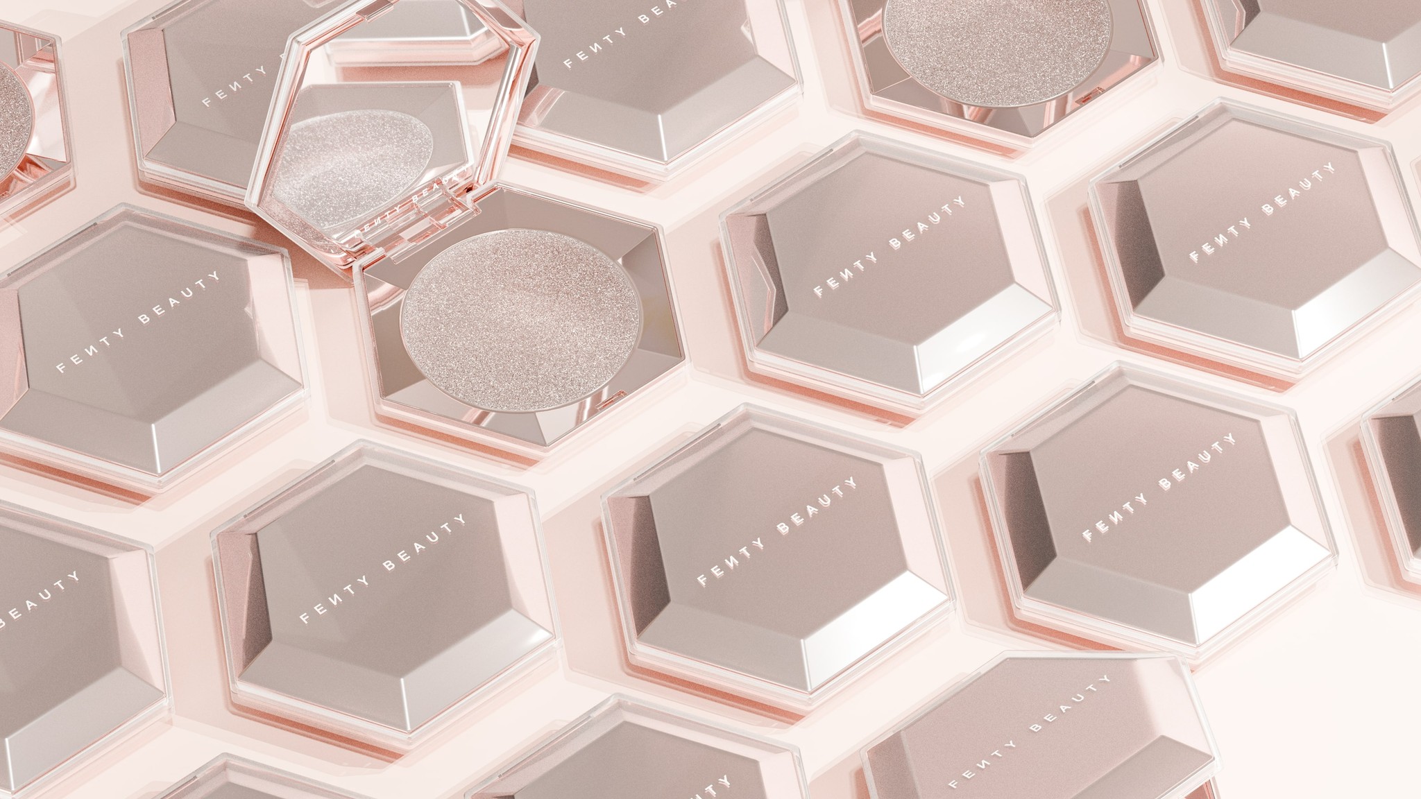 3D product render of Fenty Beauty "Diamond Bomb" Compact created by Rihanna laid on the table