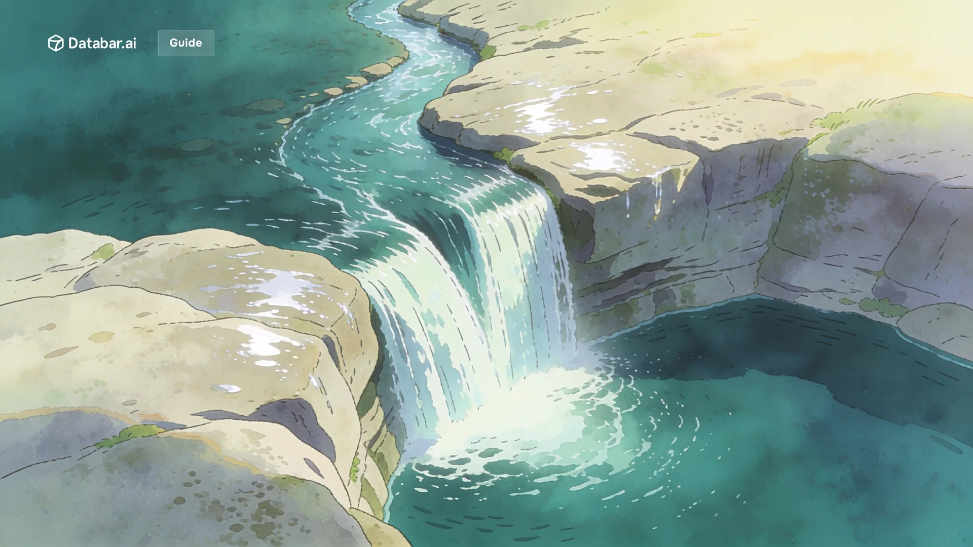 Getting outbound running fast, illustrated as a narrow stream widening and plunging over a broad waterfall into an open basin