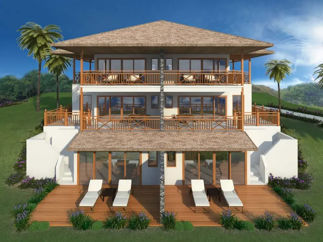 3D rendering of three-story Caribbean villa with wraparound balconies and sun deck in the Grenadines