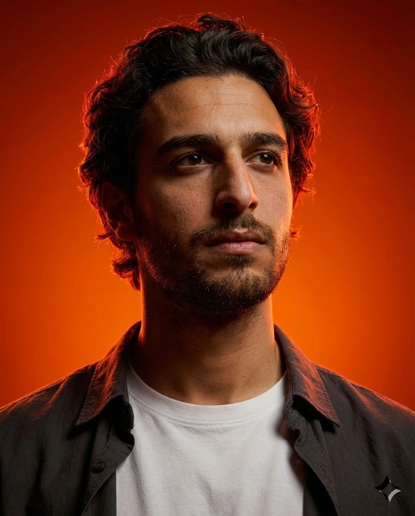 Young man with dark curly hair and beard, smiling.