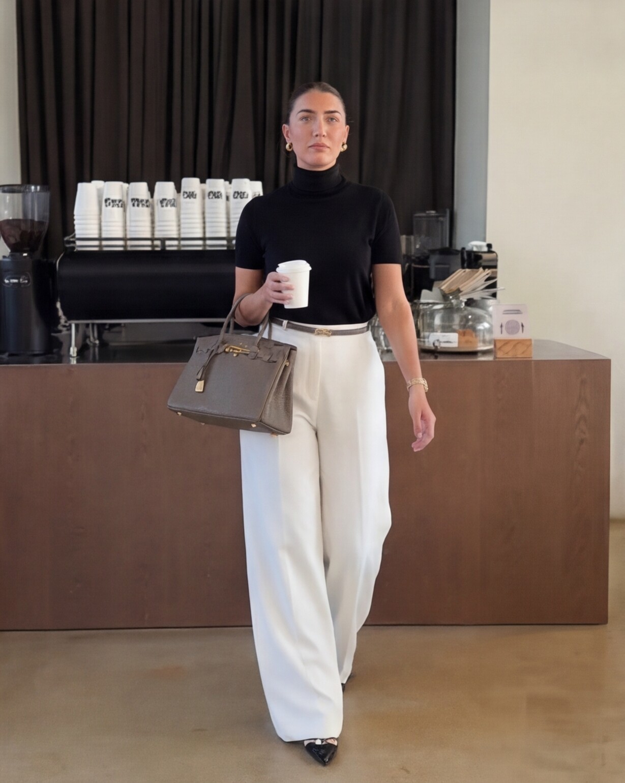 Black Turtleneck with Cream Wide Leg Trousers