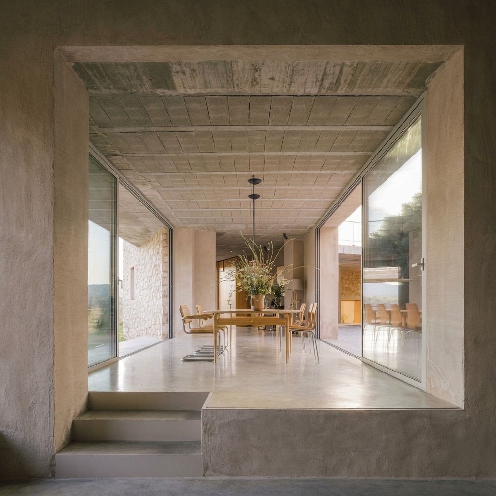 Minimalist dining room with a ribbed concrete ceiling, smooth floors, and expansive sliding glass doors.