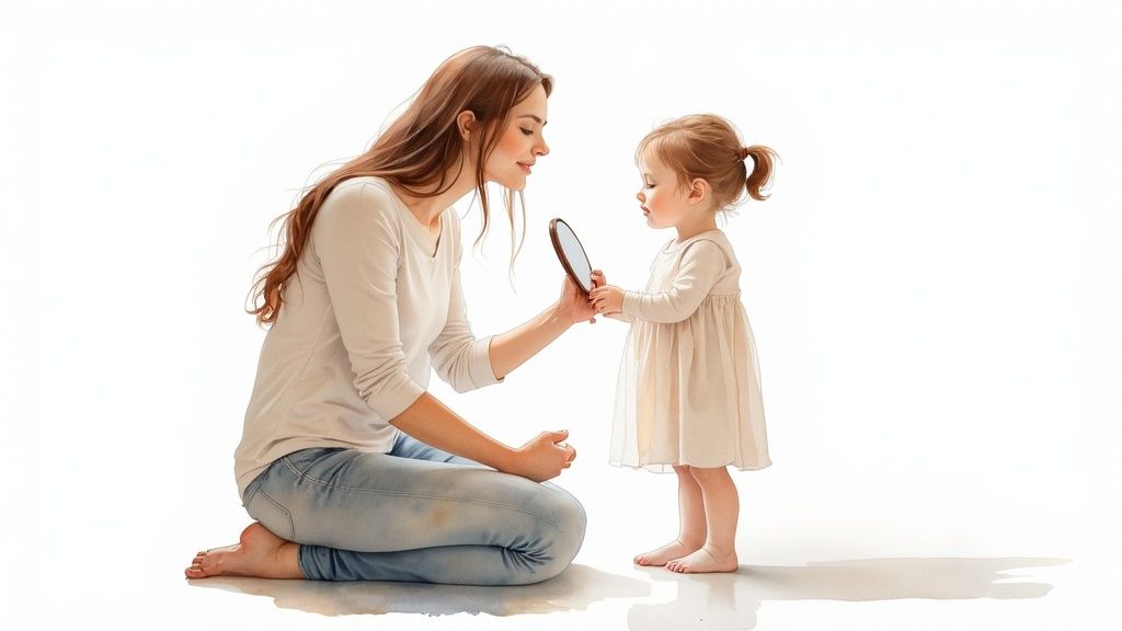 A mother kneels, gently holding a mirror for her young child, fostering self-discovery.