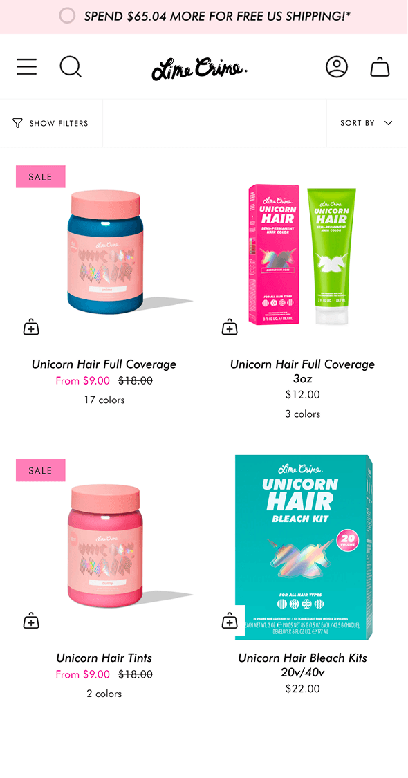 Mobile Shopify collection page for Lime Crime displaying multiple beauty products