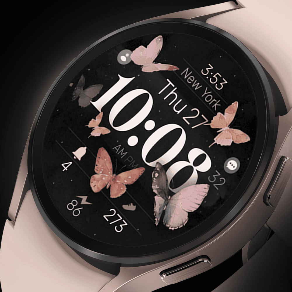 Galaxy watch displaying a digital Butterfly watch face