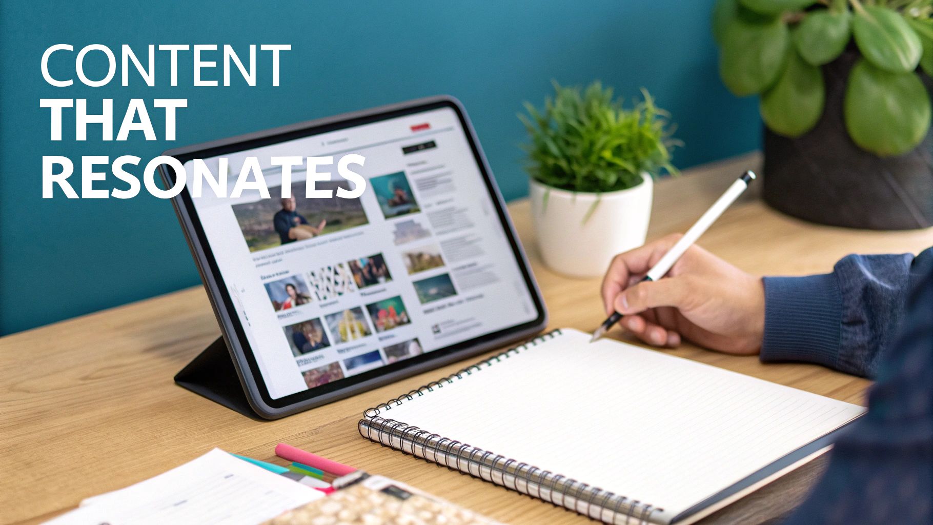 A person at a desk brainstorming LinkedIn content ideas with sticky notes and a laptop, with a professional and organised feel.