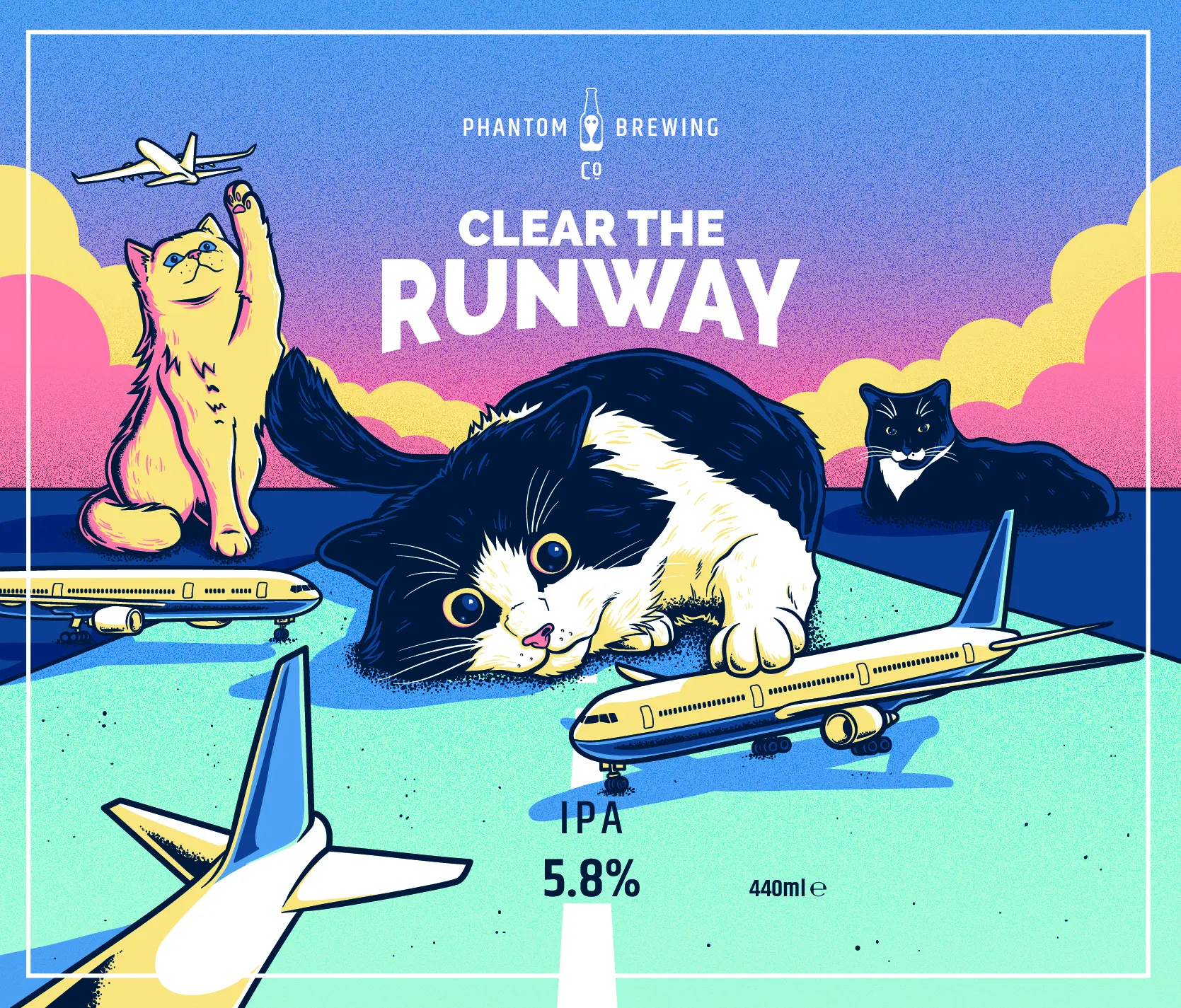 Phantom Brewing Packaging illustration showing a cat playing with planes and the title 'Clear the runway'