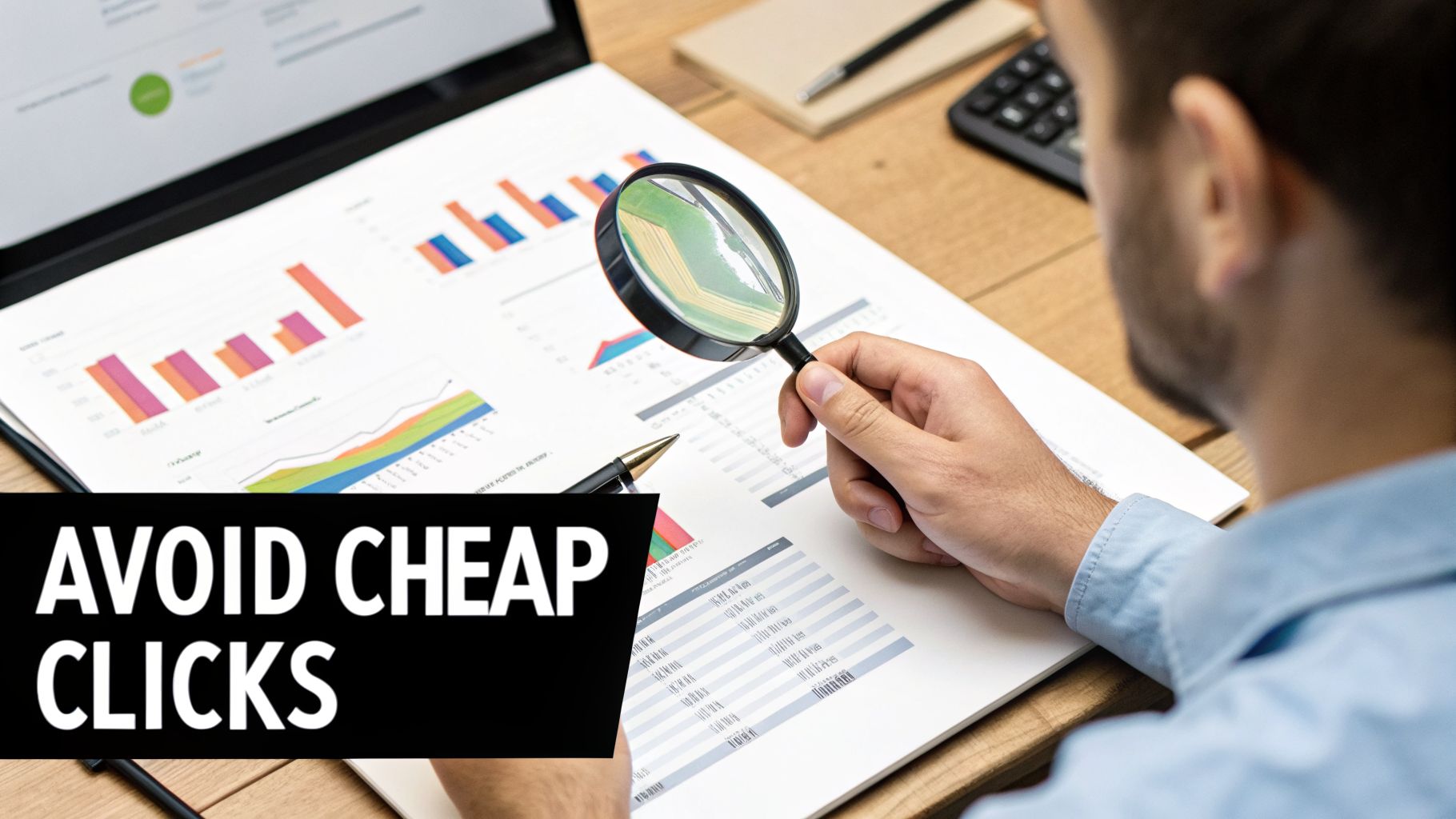 Man analyzing data with a magnifying glass on documents with charts and graphs.