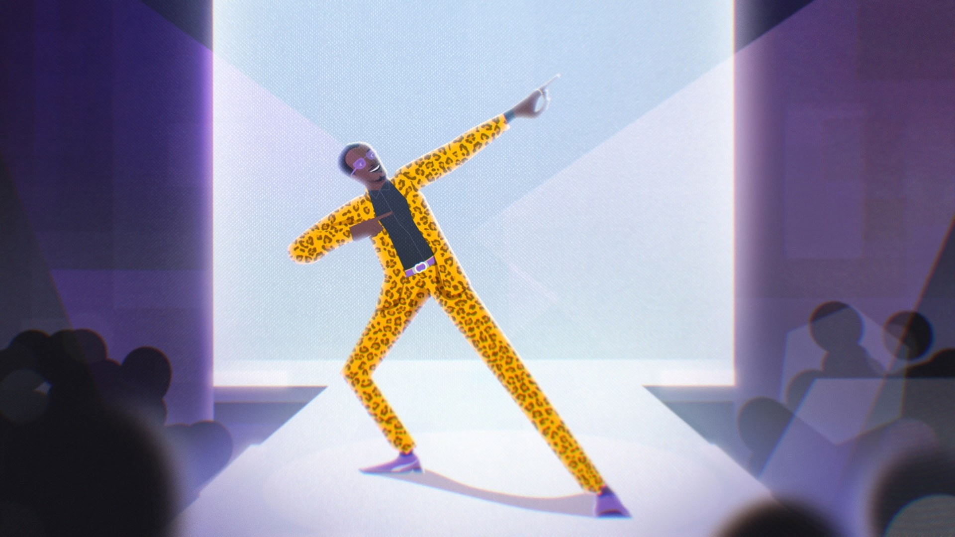 Illustration of Usain Bolt on the fashion show cat walk stage in his signature pose with one hand raised and finger tilted up, wearing a leopard patterned suit and purple shirt 