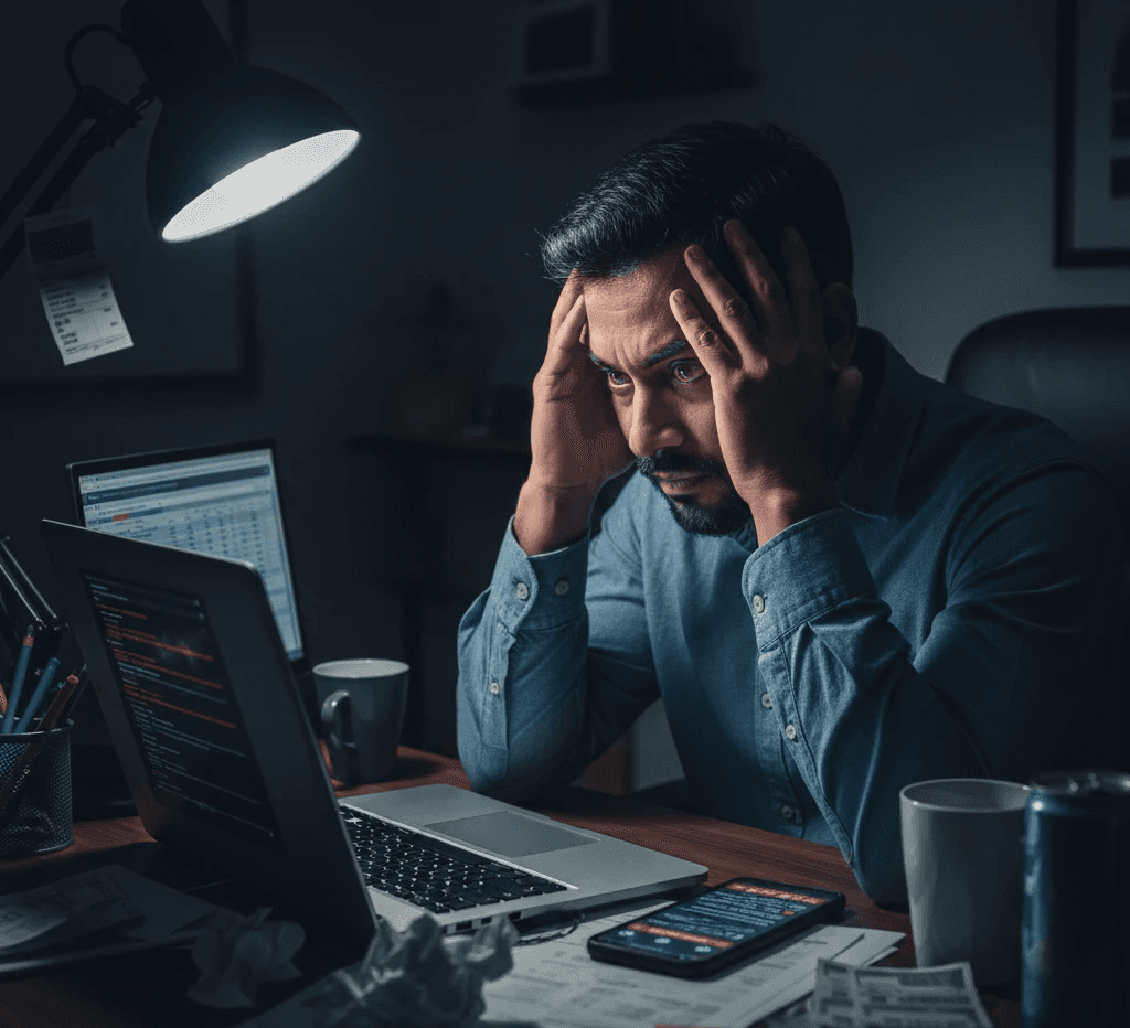 heso blog man sitting stressed looking at his work