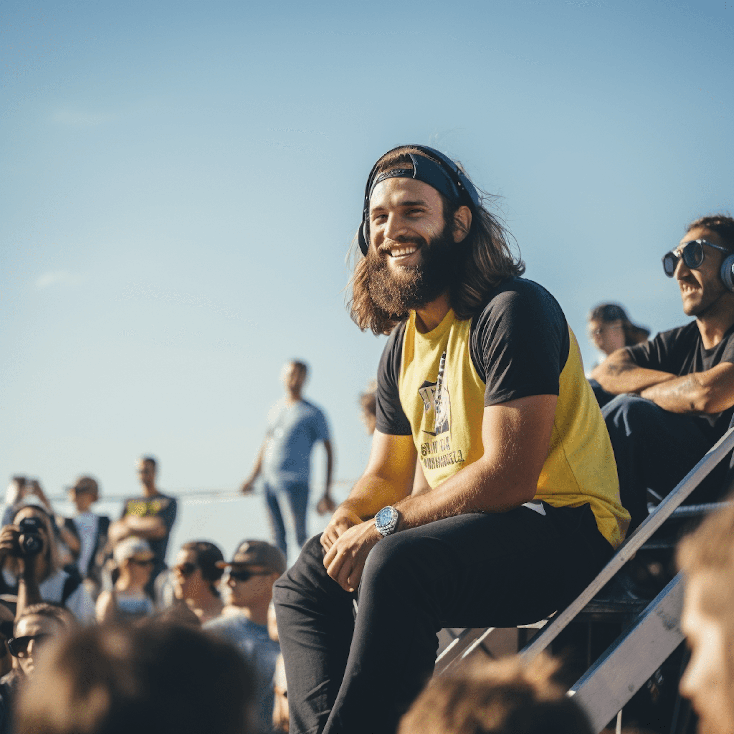 A man smiling on a beach with people there