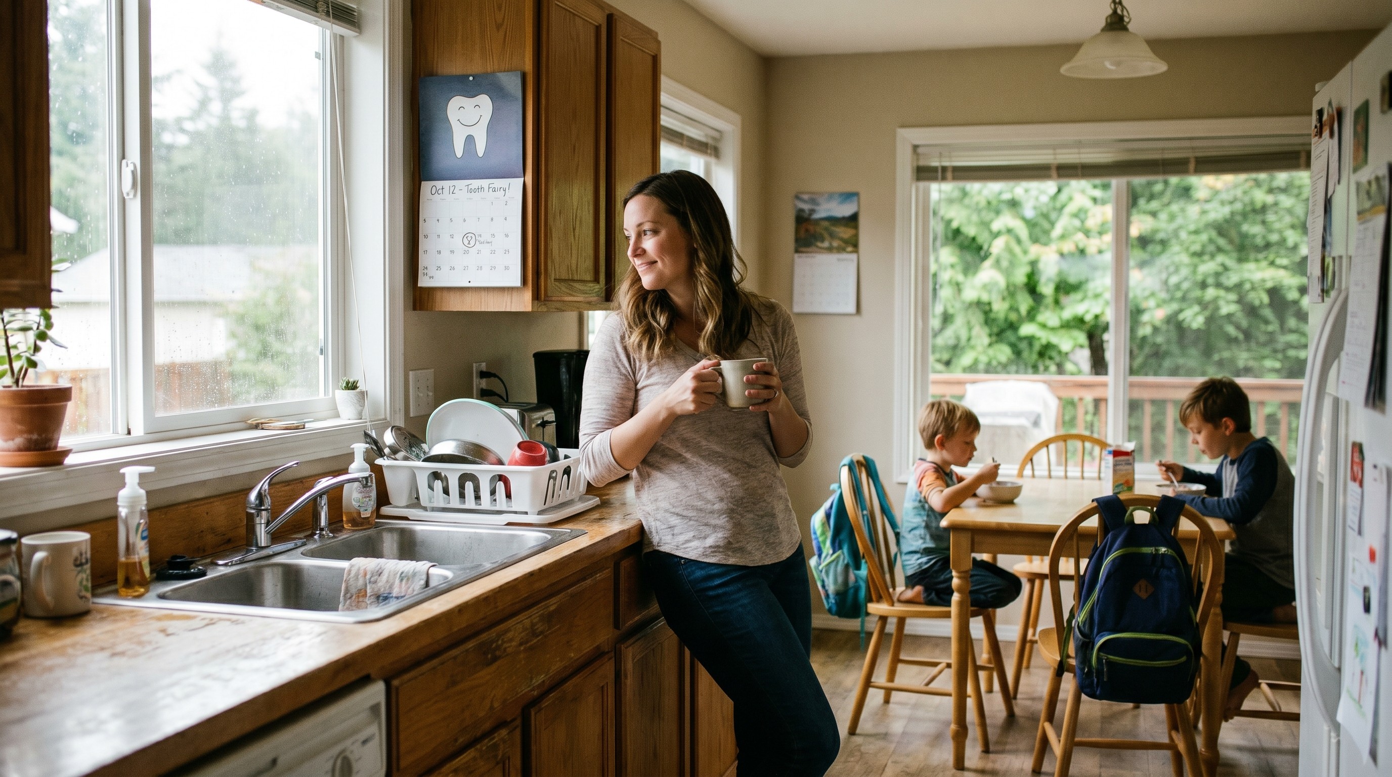 Mom checking the family calendar in a sunlit Pacific Northwest kitchen while two kids eat breakfast before school