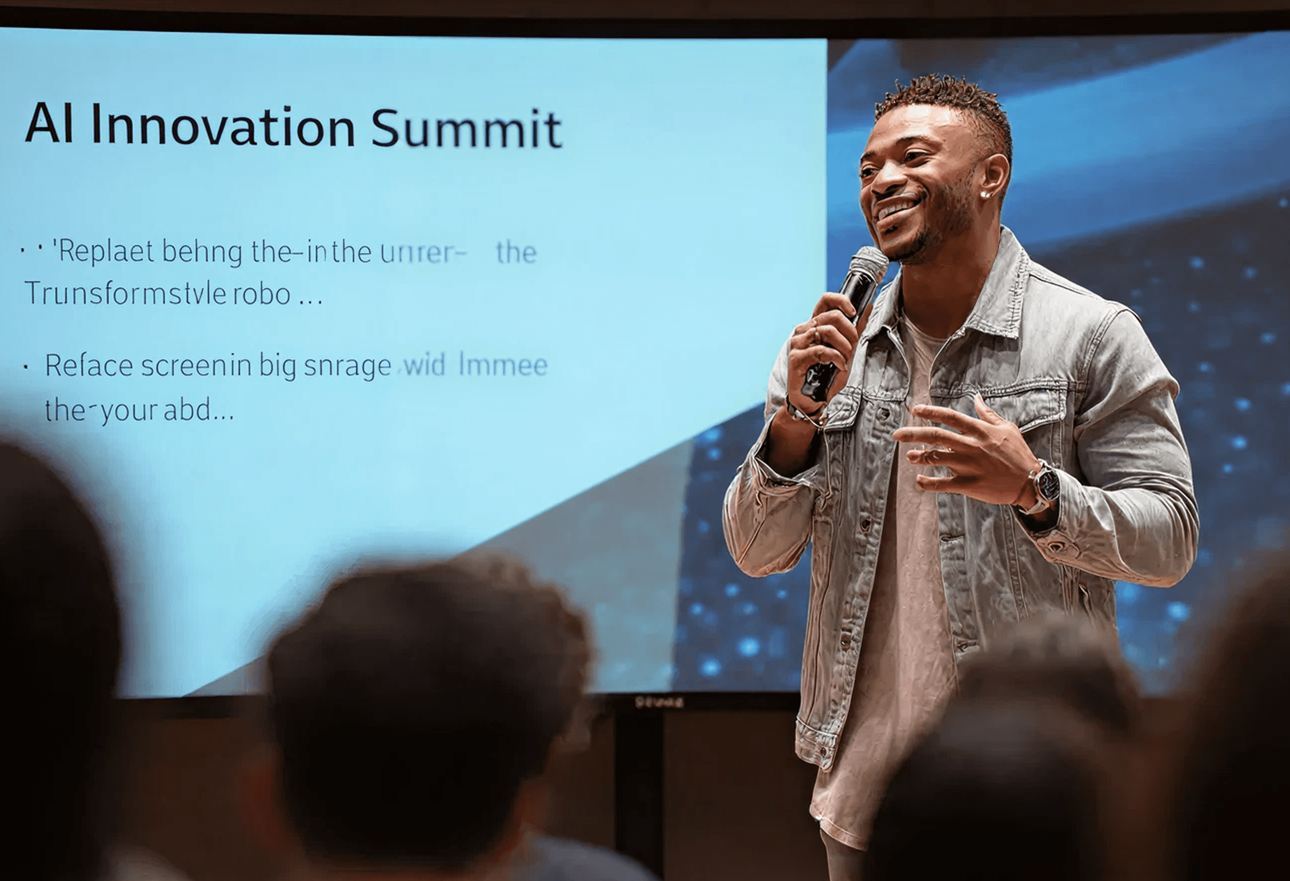 Young boy in green sweater asks a question into a conference mic.