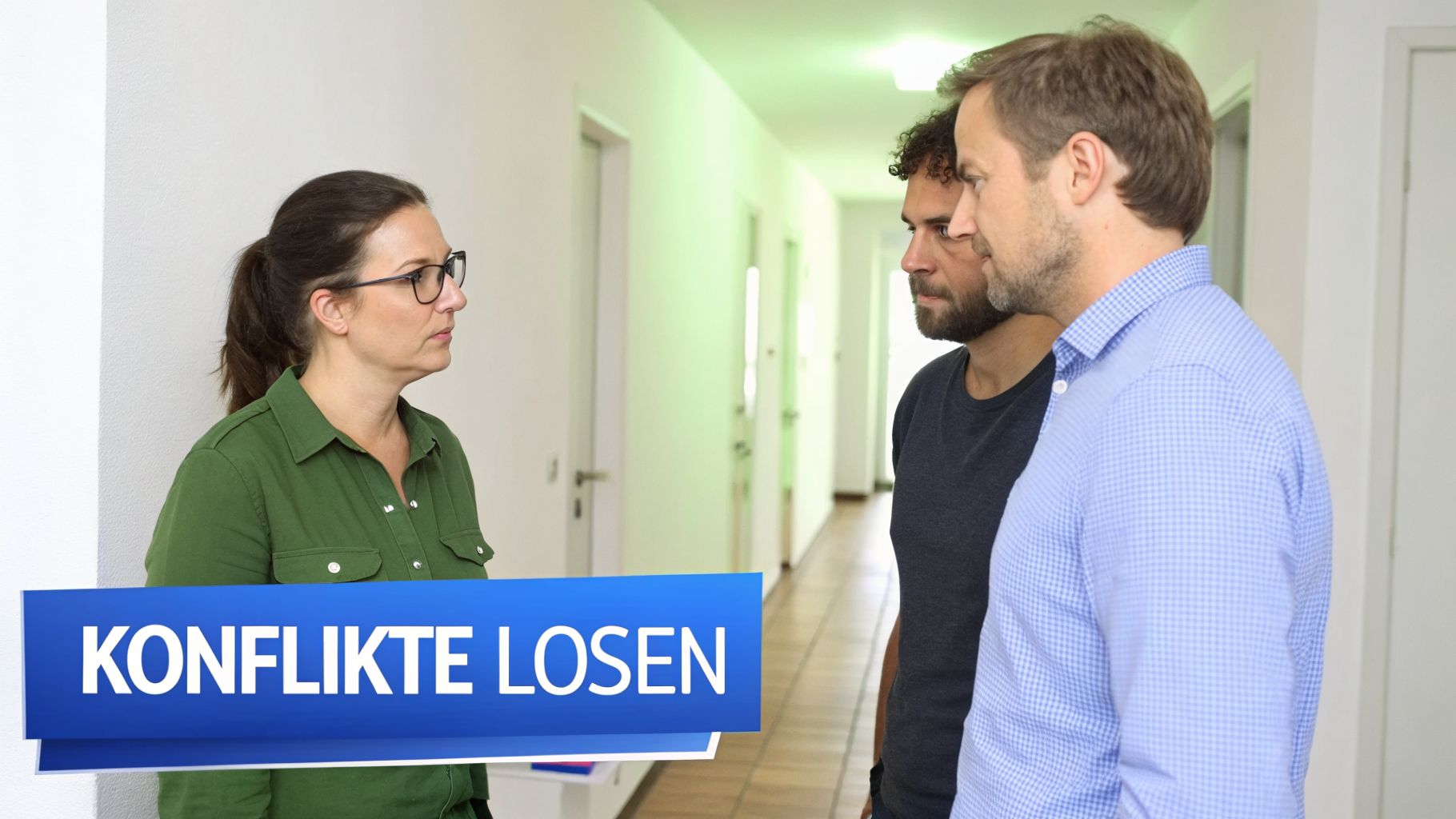 Eine Frau und zwei Männer sprechen ernsthaft in einem Flur unter dem Banner "KONFLIKTE LÖSEN".