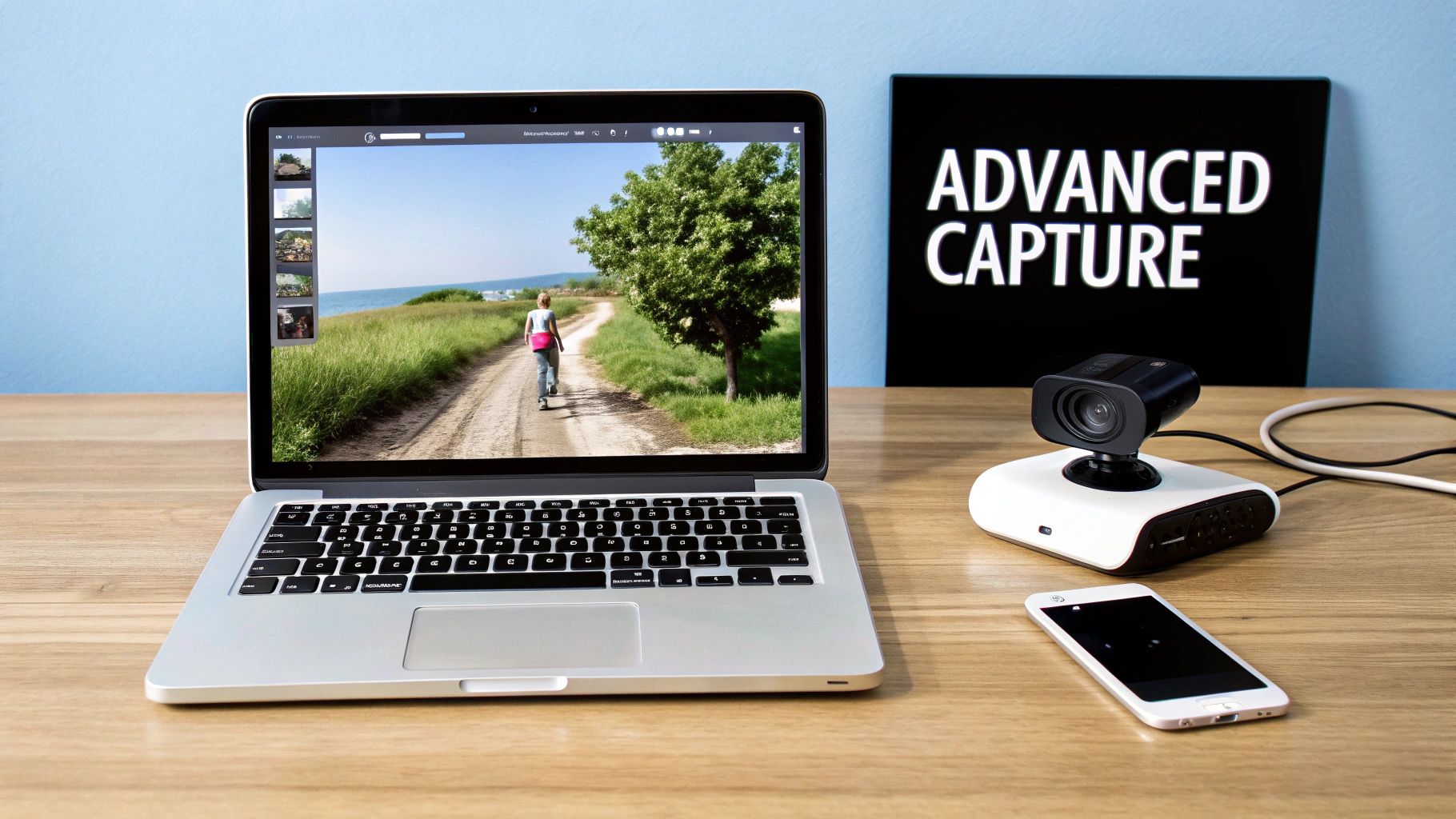 A MacBook Pro displaying a nature image, a webcam, and a smartphone on a desk, with an 'Advanced Capture' sign.