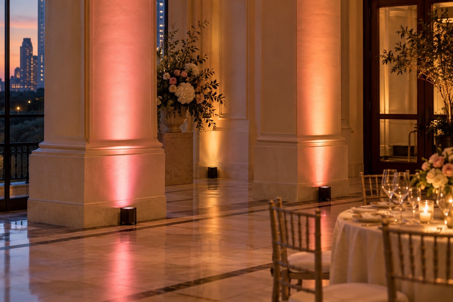 AI-generated concept illustrating led uplighting for event planning.