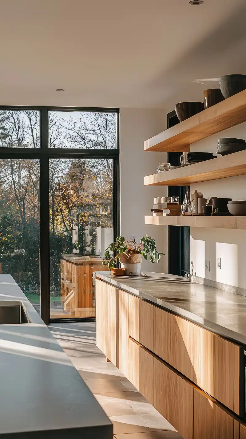 Cuisine haut de gamme avec îlot central en marbre onyx, façades en bois cannelé et étagères ouvertes, décoration intérieure chaleureuse et raffinée