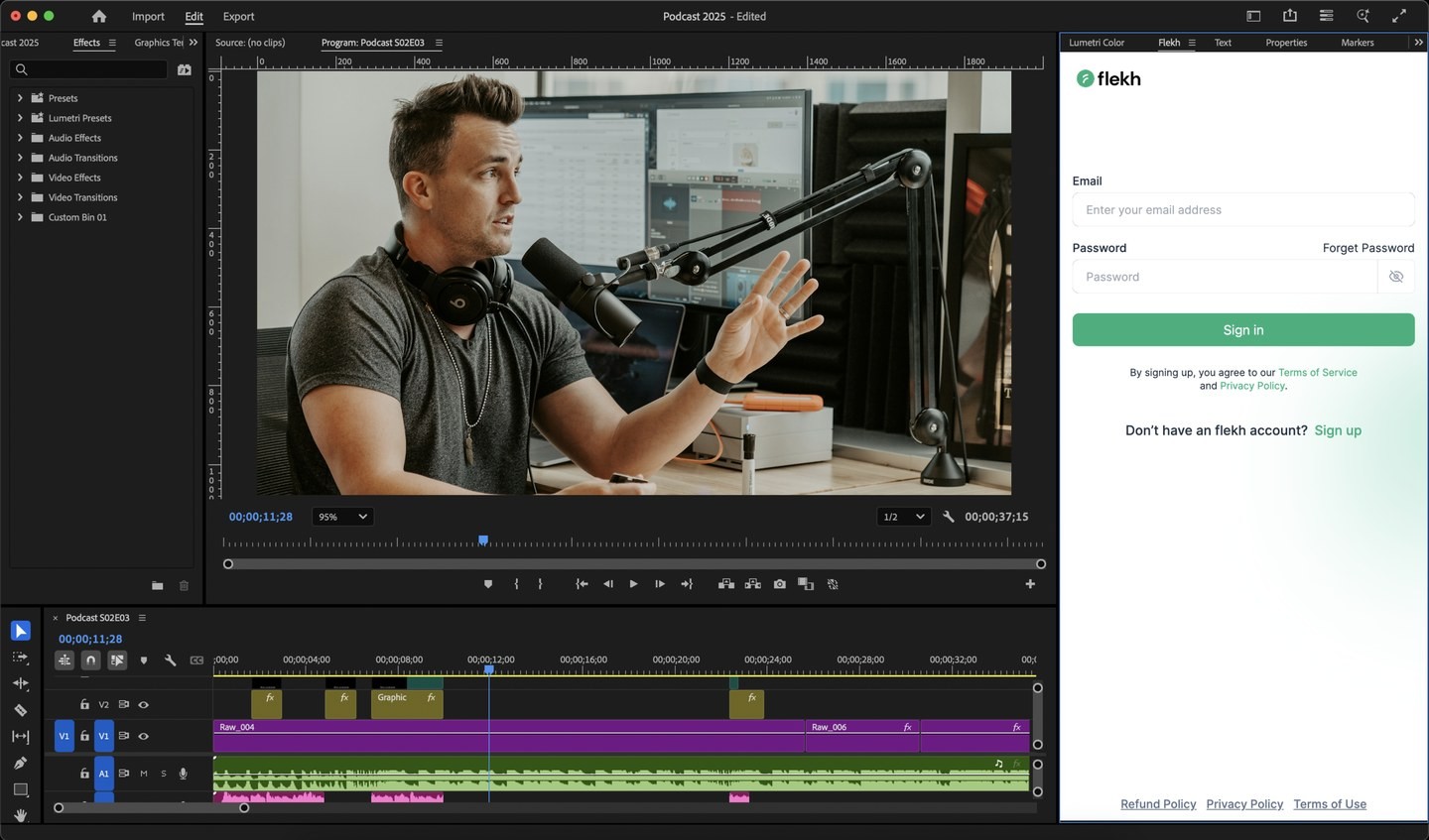 Premiere Pro with the Flekh panel open on the sign-in step
