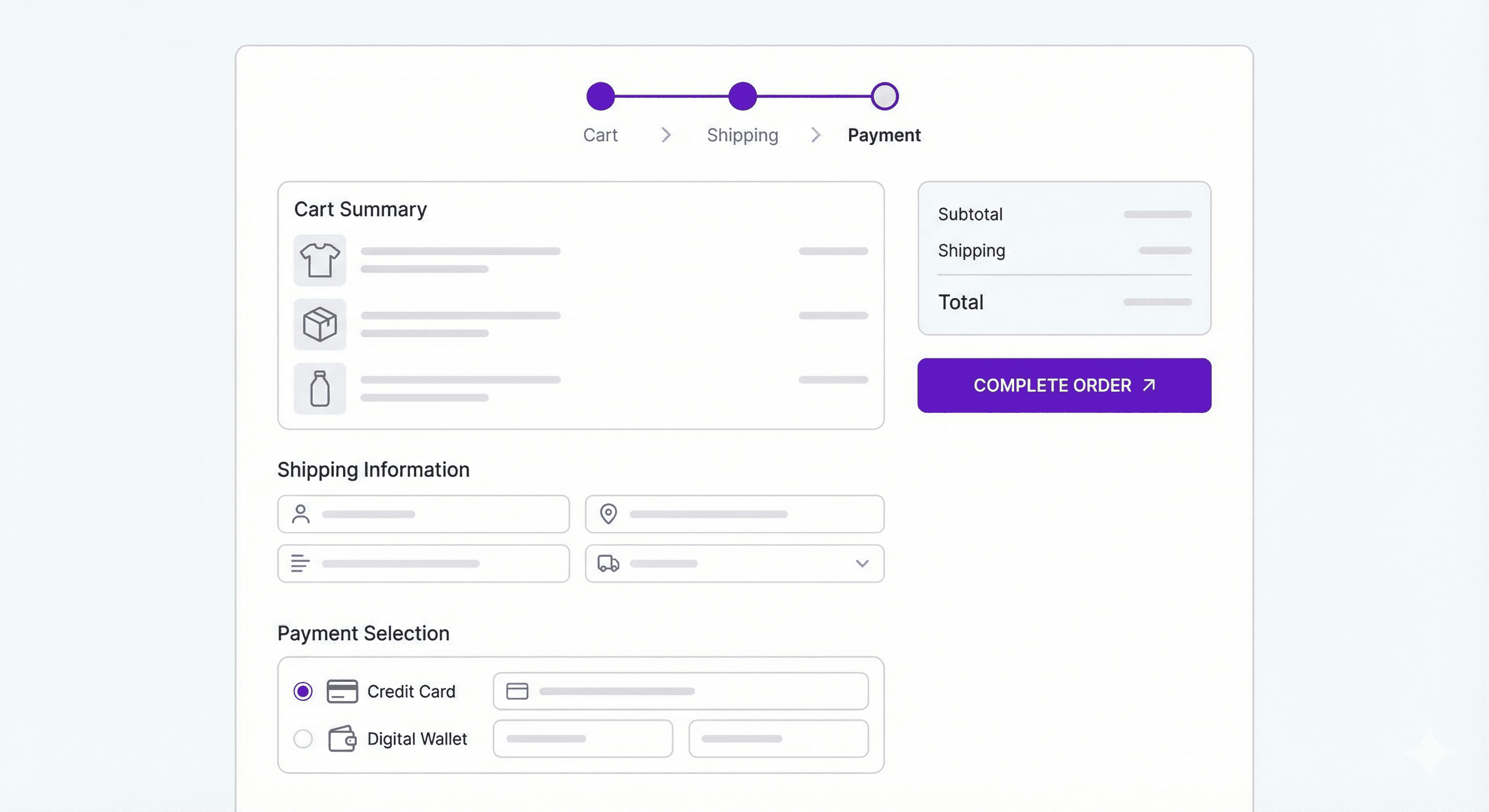 A clean UI mockup of a checkout screen. It includes sections for cart items, shipping information, and payment selection. A progress bar sits at the top, and the "Complete Order" Call-to-Action (CTA) button is highlighted in vibrant purple.