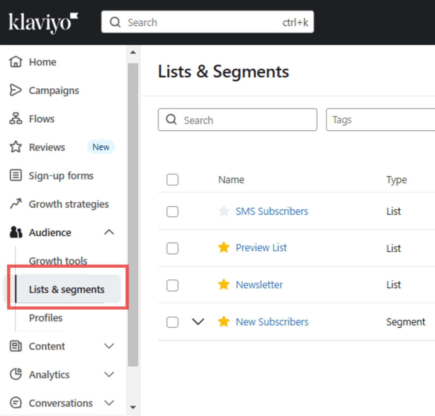 Lists & Segments: Navigation menu in Klaviyo highlighting the Lists & Segments section under Audience.