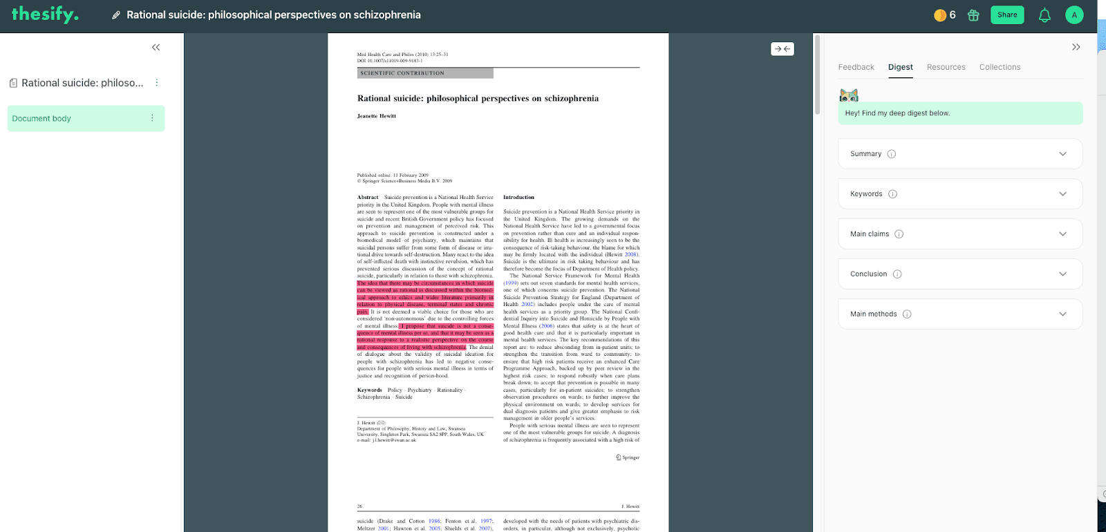 thesify Digest view summarizing an academic article with sections for summary, claims, conclusion, and methods.