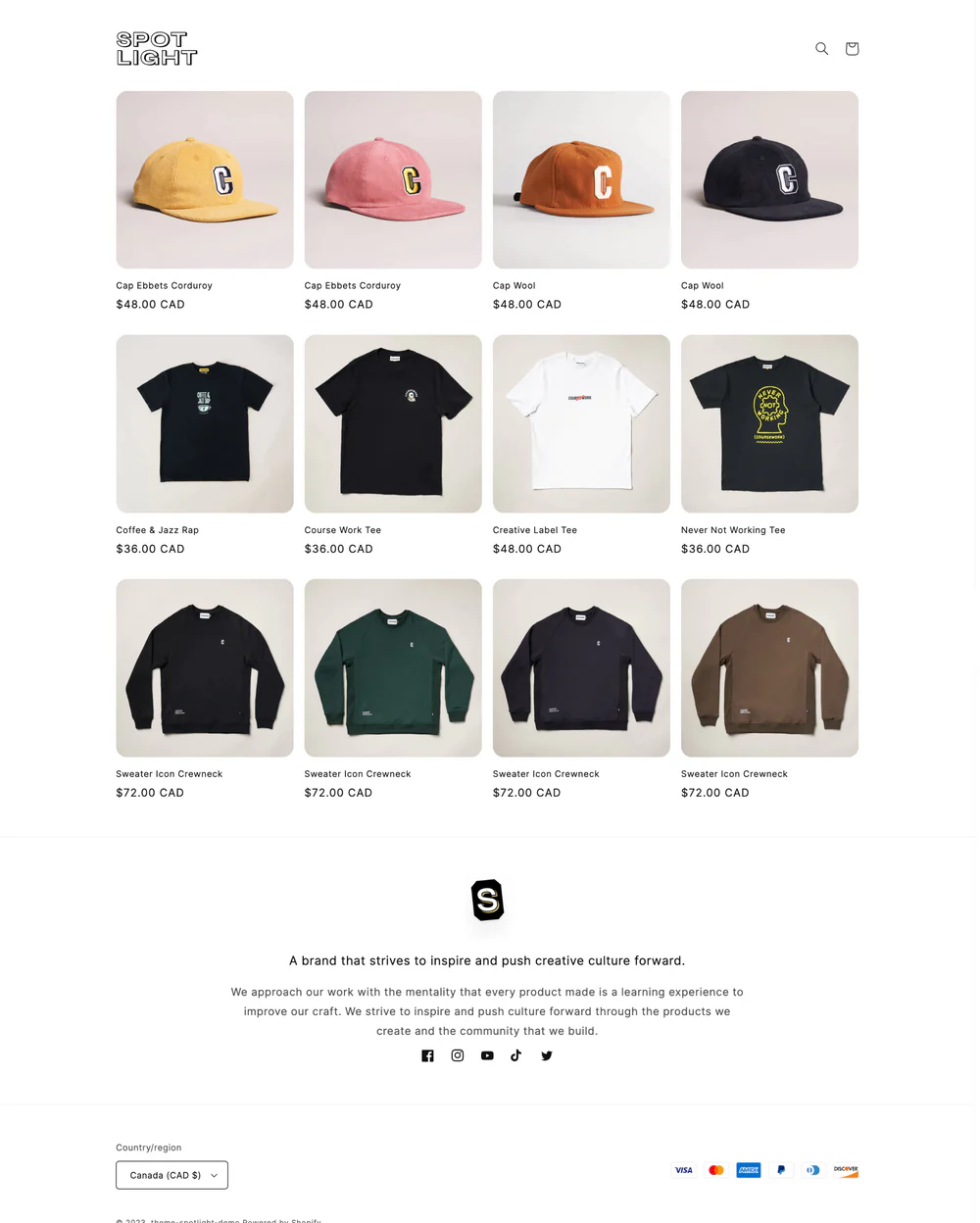 Online store page displaying caps and t-shirts. Top row has four caps in yellow, pink, brown, and black with a 'C' logo, priced at $48 CAD. Bottom row features four t-shirts in black and white, with various designs, priced at $36 to $48 CAD. Minimalistic design with a modern, casual tone.