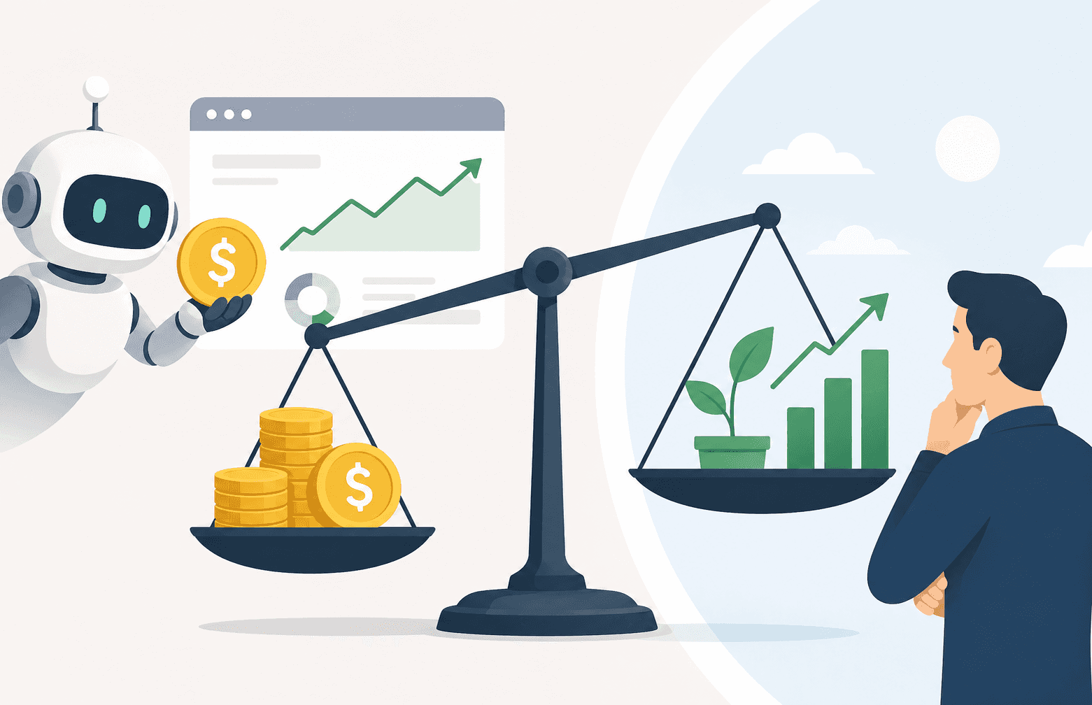 Minimal illustration of AI and human weighing short-term ad metrics against real business growth