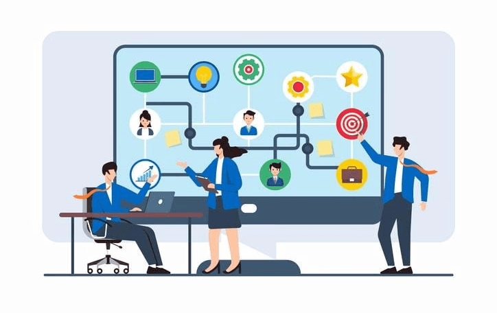 A diverse group of professionals collaborating in a tech environment.