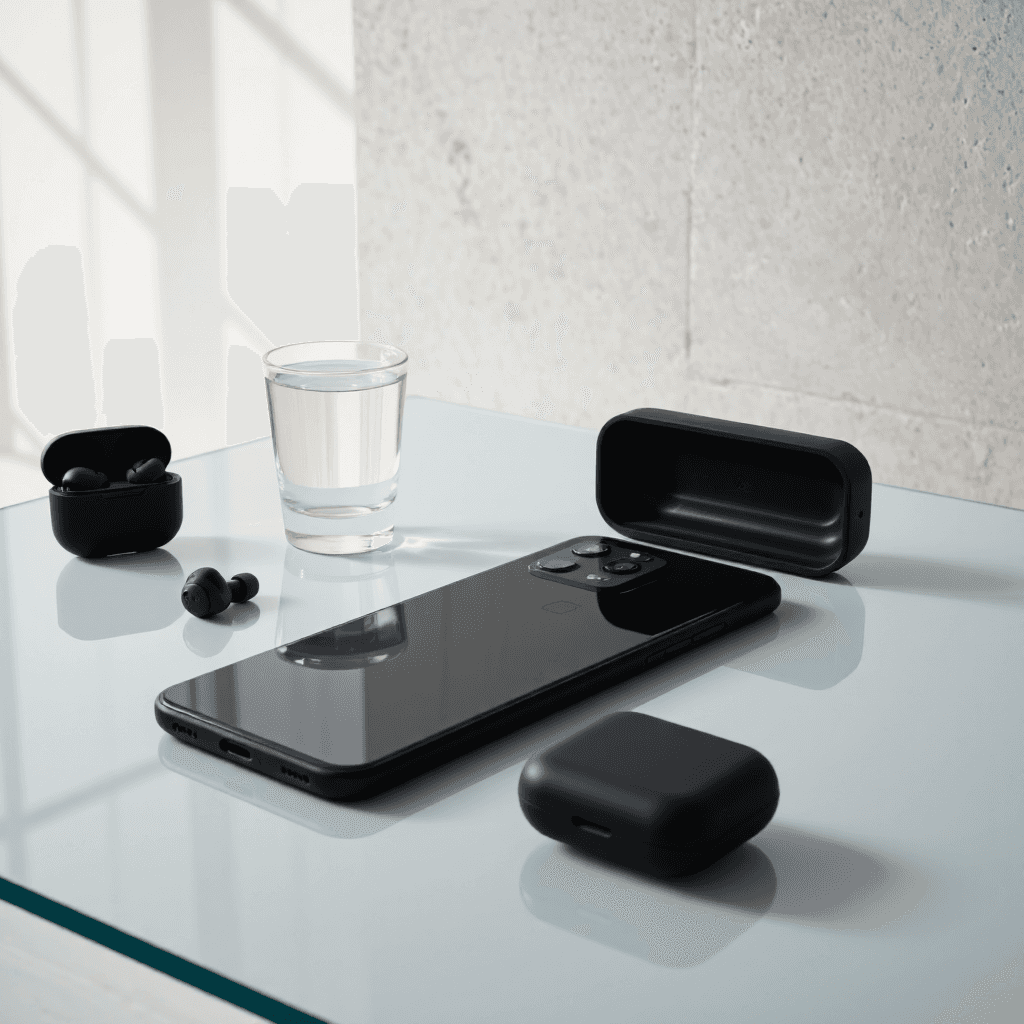 product photography of smartphone with wireless earbuds