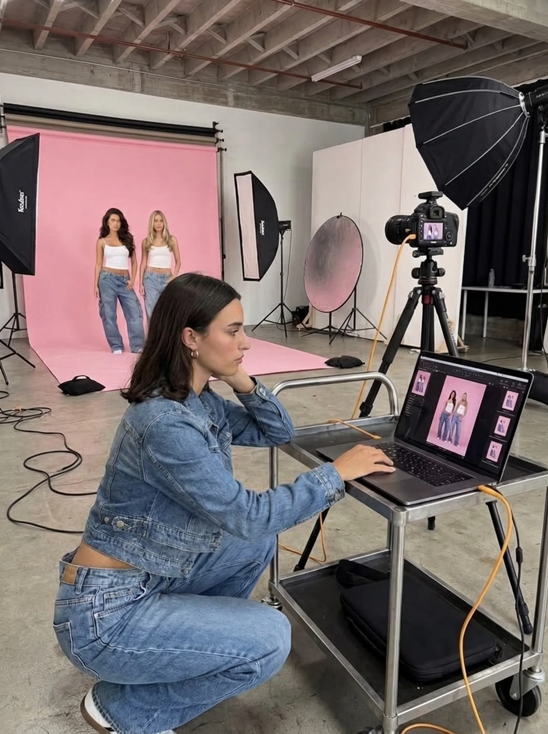 Amelia in denim crouched at a tethered laptop on a pink photo set