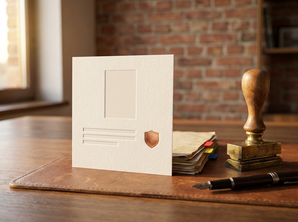 Schreibtischszene mit Autorenprofil-Mockup auf Papier, Vertrauenssiegel aus Messing und referenzierten Quelldokumenten