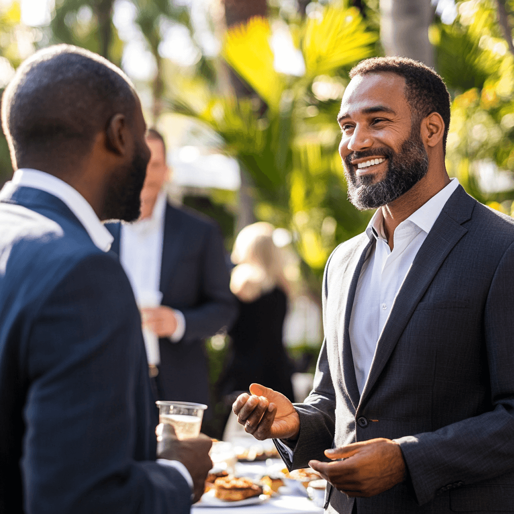 Un homme d'affaires caribéen lors d'une rencontre professionnelle en plein air - événements professionnels pour entrepreneurs ProEvent97.